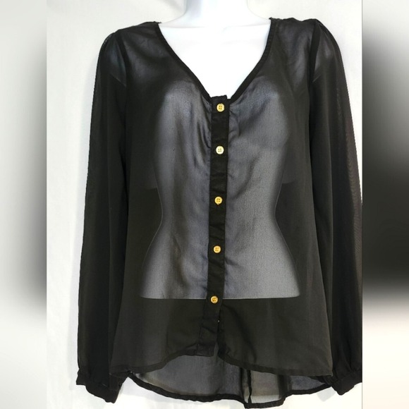 Dizzy Lizzy Tops - Black Sheer Chiffon Cutout Top Womens Large Witchy Going‎ Out Whimsigoth Rave